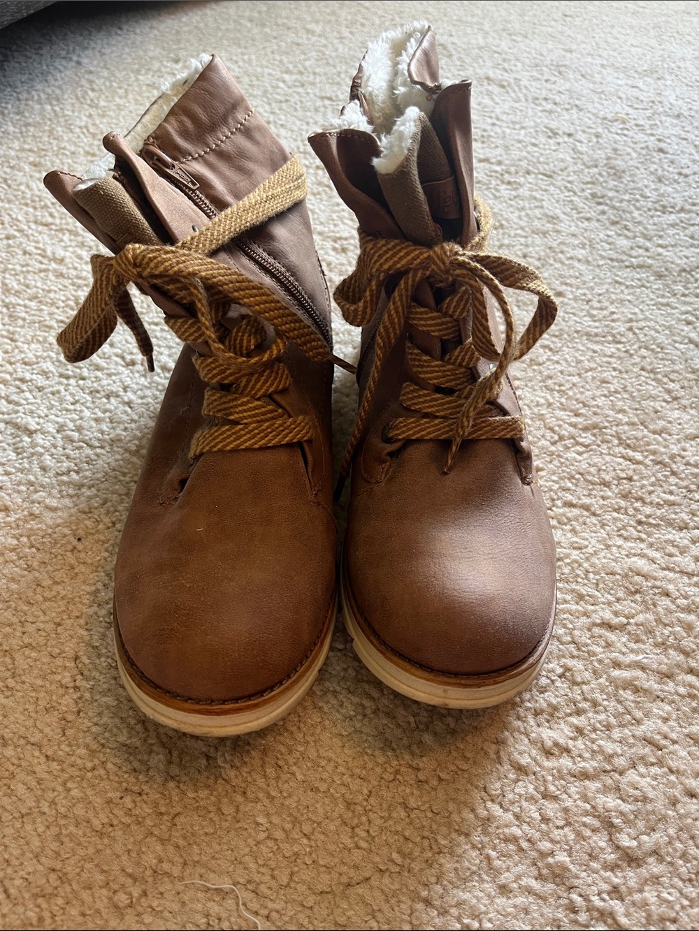 Mad Love Tan Lace-Up Faux Shearling Winter Boots